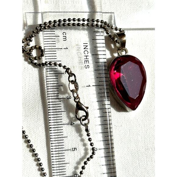 Deep Red Pink Translucent Teardrop Pendant on Sterling Ball Bead Chain 18” - Picture 9 of 10